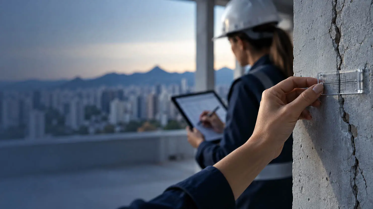 Engenheira em inspeção estrutural de edifício ao entardecer
