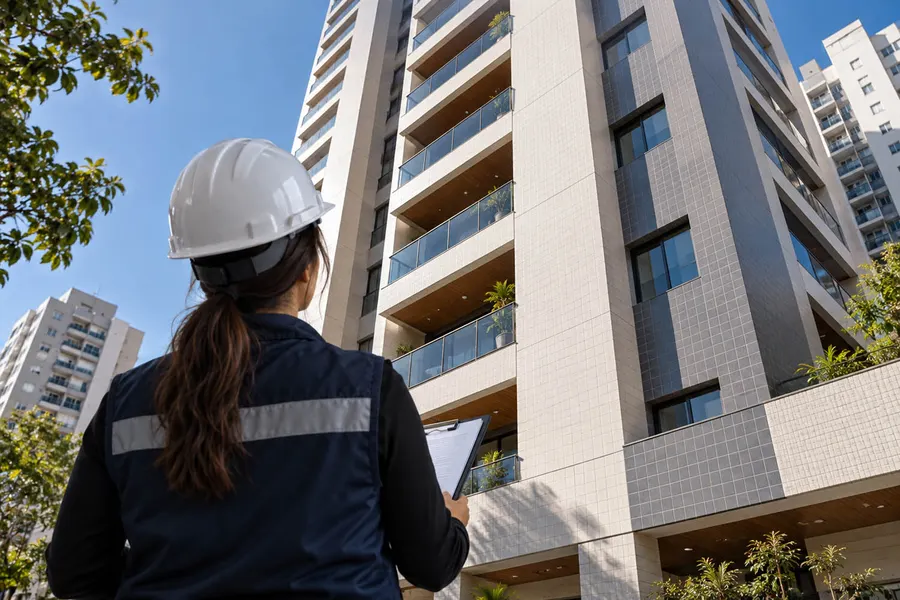 Engenheira realizando inspeção predial em edifício moderno
