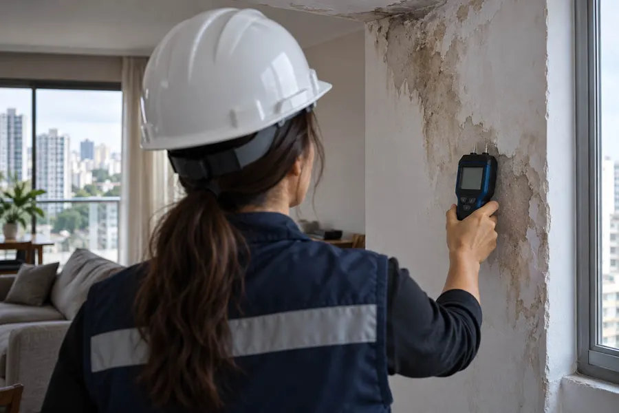 Engenheira inspecionando umidade em parede de apartamento